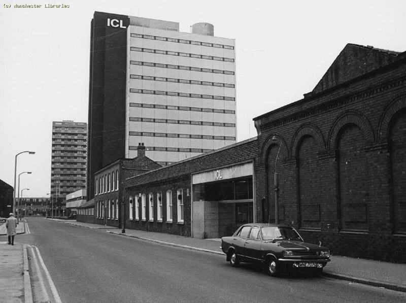 A vintage photo of an industrial site in Manchester, including a 12-storey tower block, occupied by International Computers Limited.